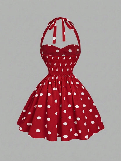 MOD Women's Polka Dot Bandeau Long Dress, Minimalist & Fashionable, Suitable For Summer,Polka Pin Up Red And White Women