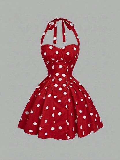MOD Women's Polka Dot Bandeau Long Dress, Minimalist & Fashionable, Suitable For Summer,Polka Pin Up Red And White Women