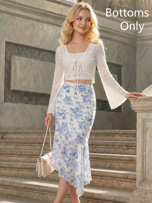 MOD Women's Ruched Waist Side Tie Asymmetrical Hem Blue & White Floral Print Skirt