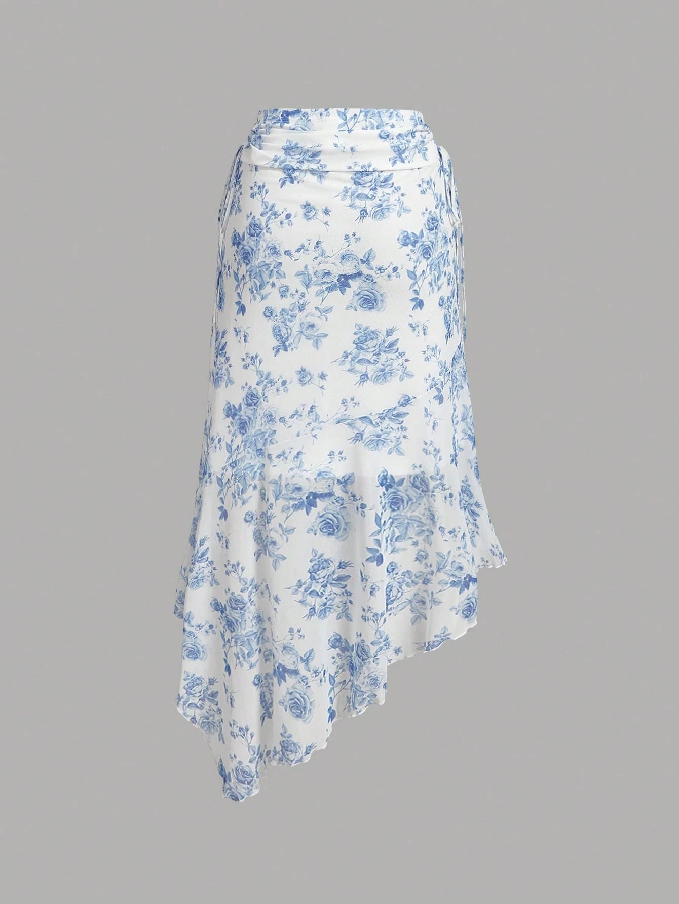 MOD Women's Ruched Waist Side Tie Asymmetrical Hem Blue & White Floral Print Skirt