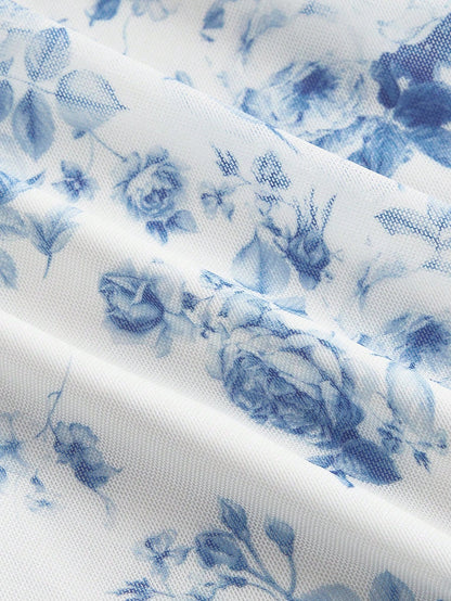 MOD Women's Ruched Waist Side Tie Asymmetrical Hem Blue & White Floral Print Skirt