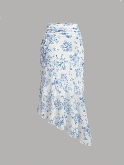 MOD Women's Ruched Waist Side Tie Asymmetrical Hem Blue & White Floral Print Skirt