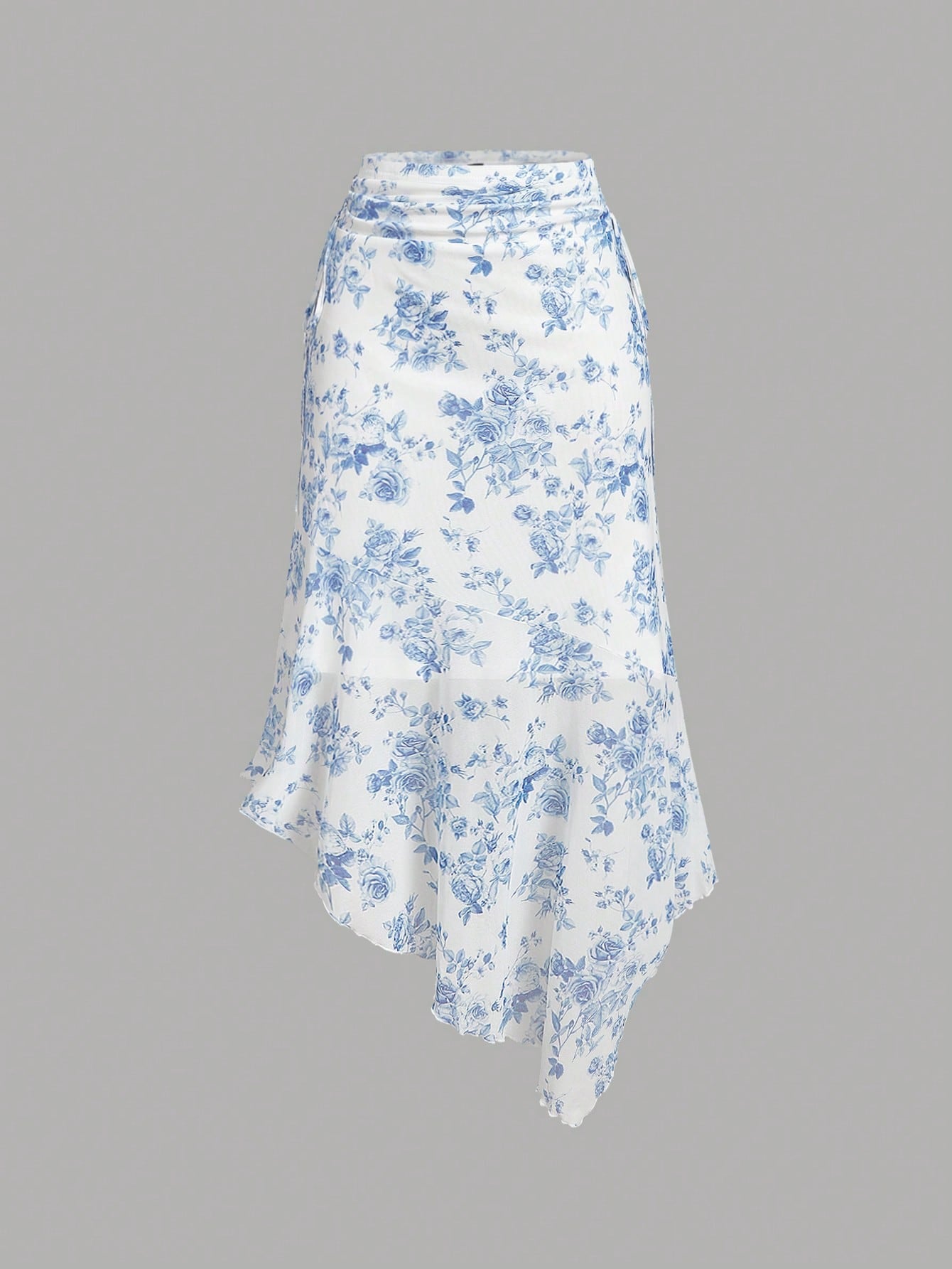 MOD Women's Ruched Waist Side Tie Asymmetrical Hem Blue & White Floral Print Skirt