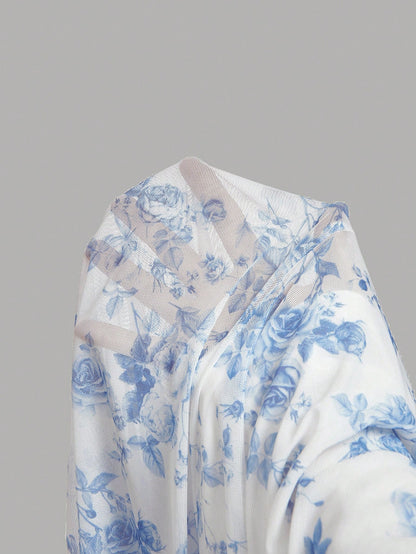 MOD Women's Ruched Waist Side Tie Asymmetrical Hem Blue & White Floral Print Skirt