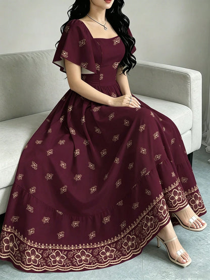 Modelyn Peach Blossom Floral Print Elegant Purple Dress, Women's Fashion Square Neck Puff Sleeve Cap Sleeve Dress, Hem Ruffle Trim Design, Summer Vacation Style Dress