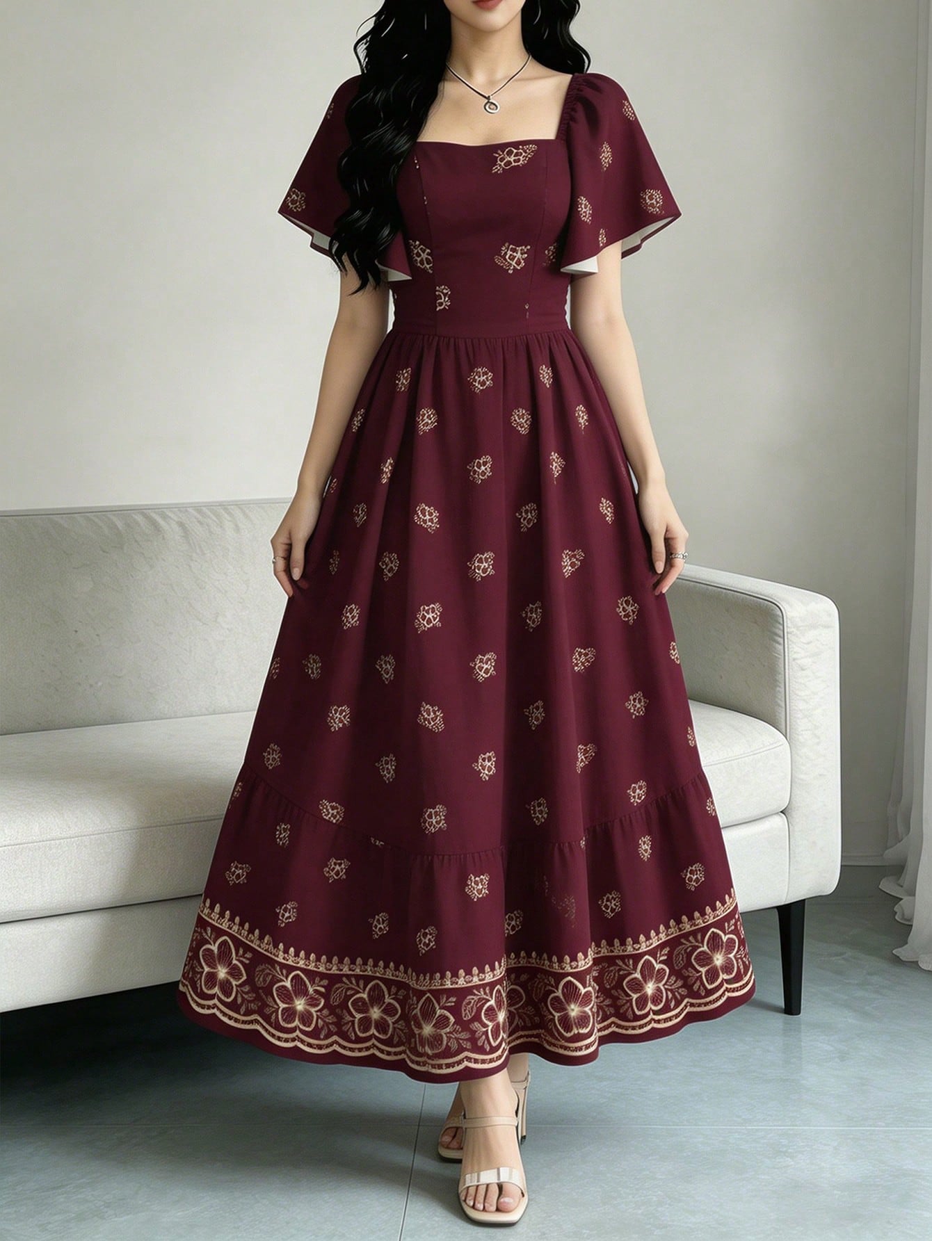 Modelyn Peach Blossom Floral Print Elegant Purple Dress, Women's Fashion Square Neck Puff Sleeve Cap Sleeve Dress, Hem Ruffle Trim Design, Summer Vacation Style Dress