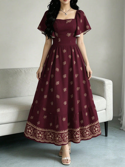 Modelyn Peach Blossom Floral Print Elegant Purple Dress, Women's Fashion Square Neck Puff Sleeve Cap Sleeve Dress, Hem Ruffle Trim Design, Summer Vacation Style Dress