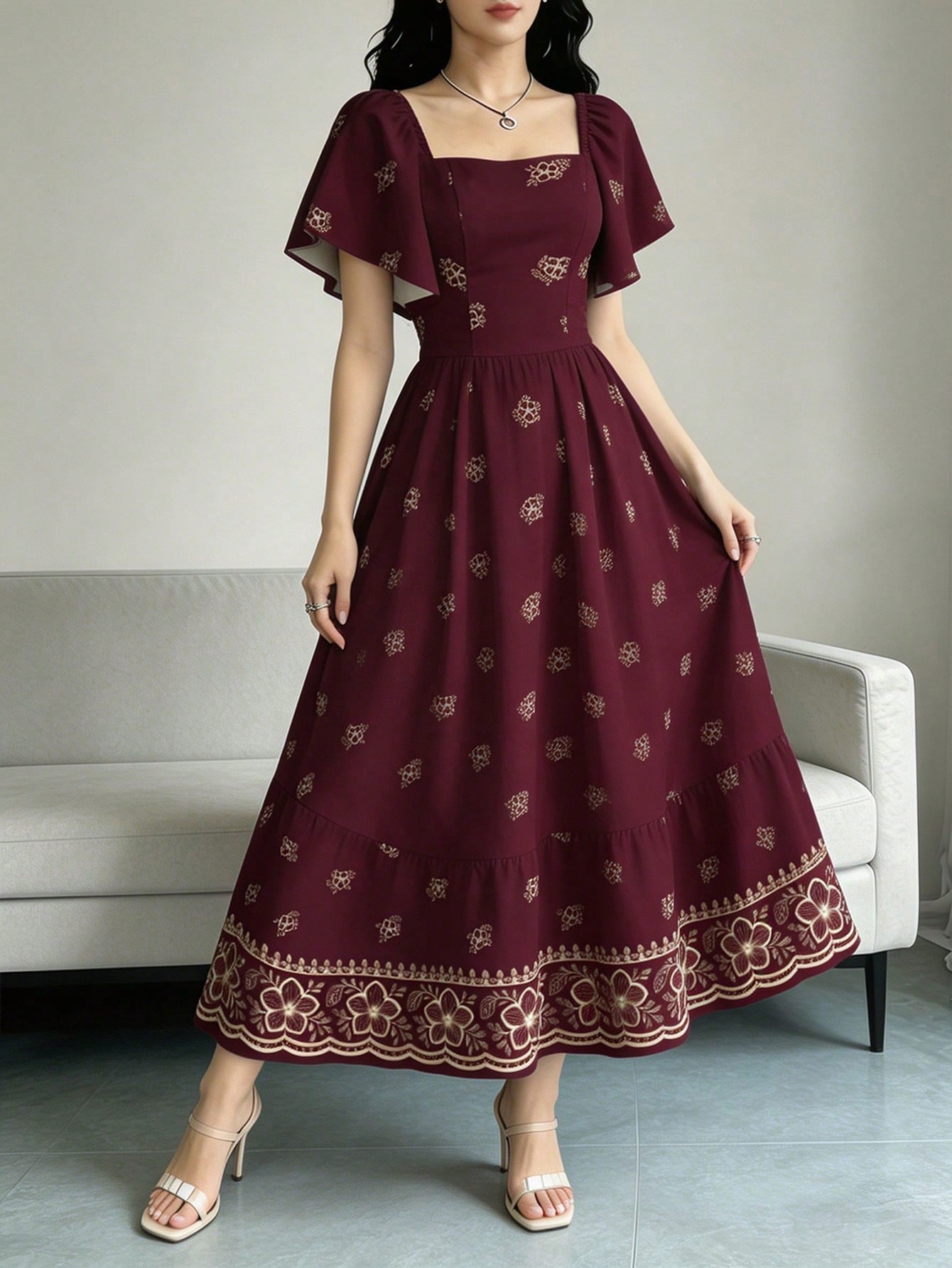 Modelyn Peach Blossom Floral Print Elegant Purple Dress, Women's Fashion Square Neck Puff Sleeve Cap Sleeve Dress, Hem Ruffle Trim Design, Summer Vacation Style Dress