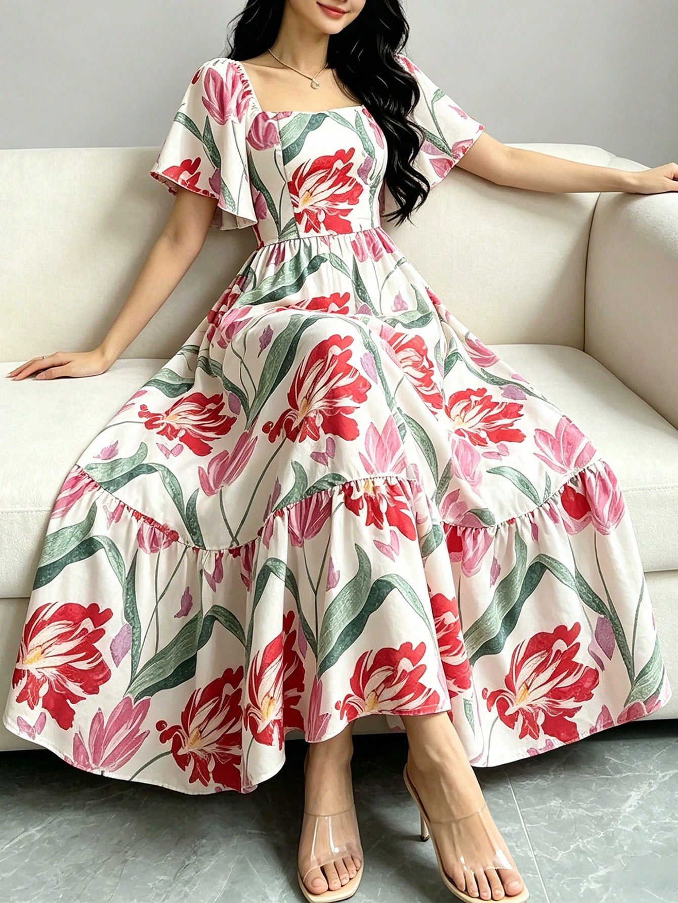 Modelyn Peach Blossom Floral Print Elegant Purple Dress, Women's Fashion Square Neck Puff Sleeve Cap Sleeve Dress, Hem Ruffle Trim Design, Summer Vacation Style Dress