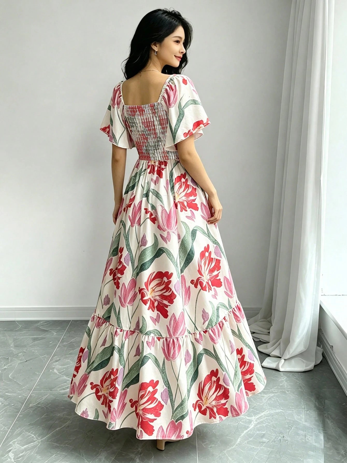Modelyn Peach Blossom Floral Print Elegant Purple Dress, Women's Fashion Square Neck Puff Sleeve Cap Sleeve Dress, Hem Ruffle Trim Design, Summer Vacation Style Dress
