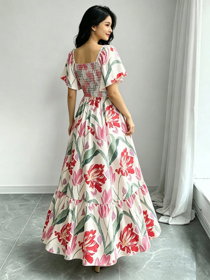 Modelyn Peach Blossom Floral Print Elegant Purple Dress, Women's Fashion Square Neck Puff Sleeve Cap Sleeve Dress, Hem Ruffle Trim Design, Summer Vacation Style Dress