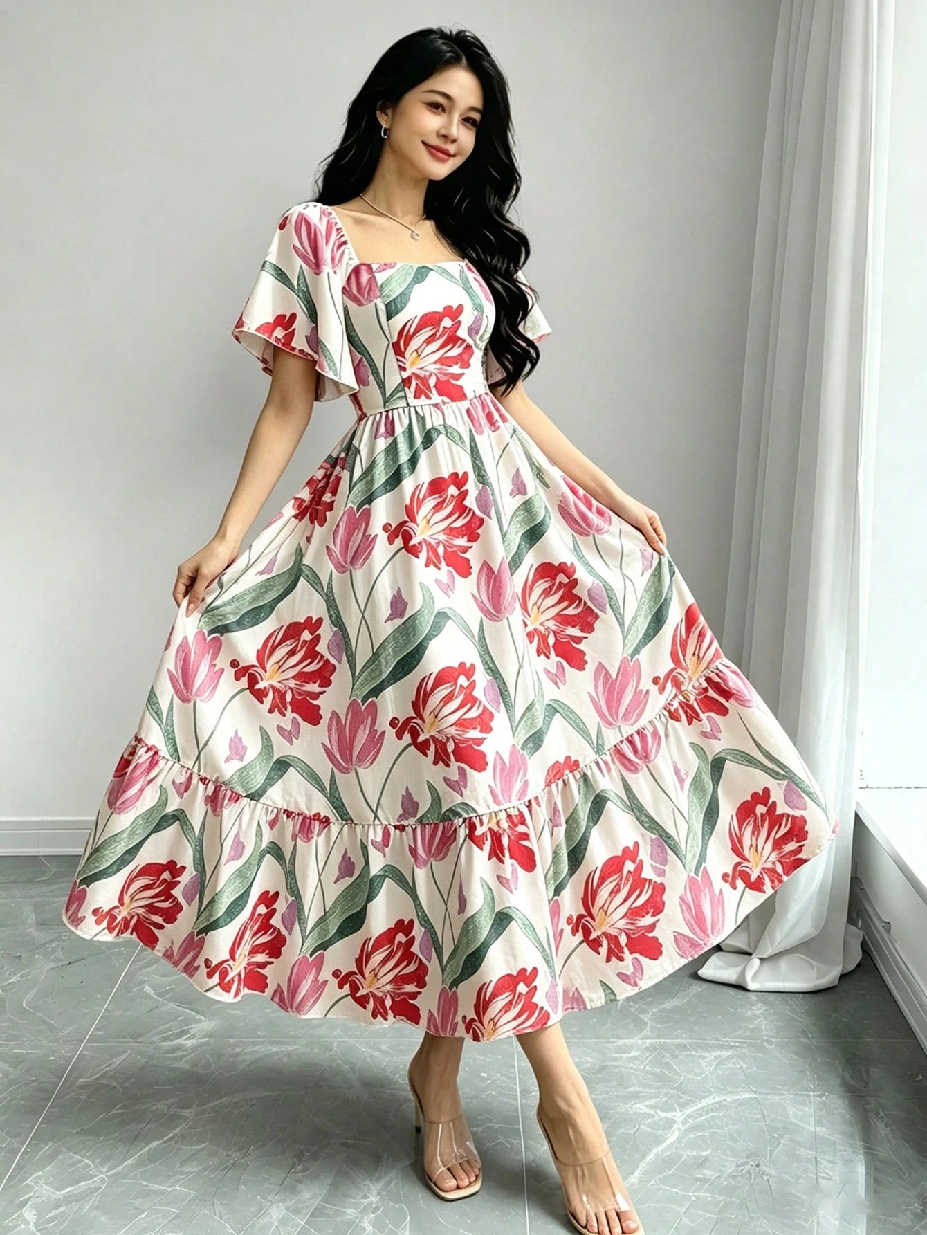 Modelyn Peach Blossom Floral Print Elegant Purple Dress, Women's Fashion Square Neck Puff Sleeve Cap Sleeve Dress, Hem Ruffle Trim Design, Summer Vacation Style Dress