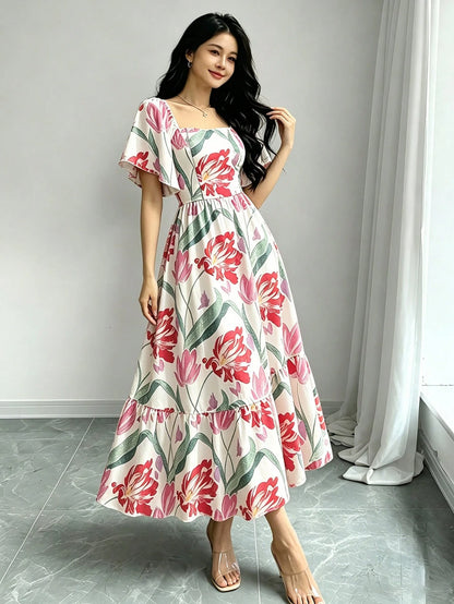 Modelyn Peach Blossom Floral Print Elegant Purple Dress, Women's Fashion Square Neck Puff Sleeve Cap Sleeve Dress, Hem Ruffle Trim Design, Summer Vacation Style Dress