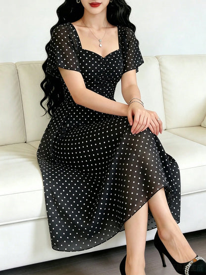 Modelyn Polka Dot Print Fashion Square Neck Pleated Flutter Sleeve Design Women's Minimalist Midi Dress, Summer Waist-Defining Long Elegant Dress, Black Polka Dot Pattern White Chiffon Skirt, Suitable