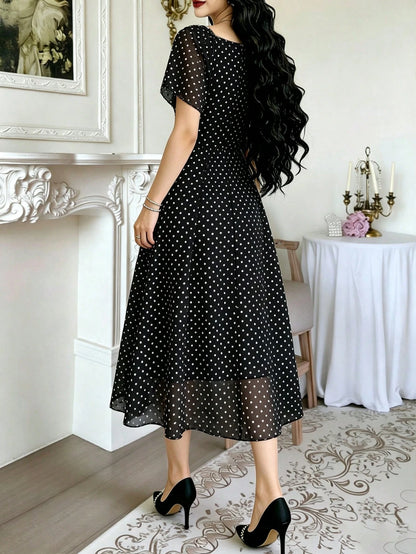Modelyn Polka Dot Print Fashion Square Neck Pleated Flutter Sleeve Design Women's Minimalist Midi Dress, Summer Waist-Defining Long Elegant Dress, Black Polka Dot Pattern White Chiffon Skirt, Suitable