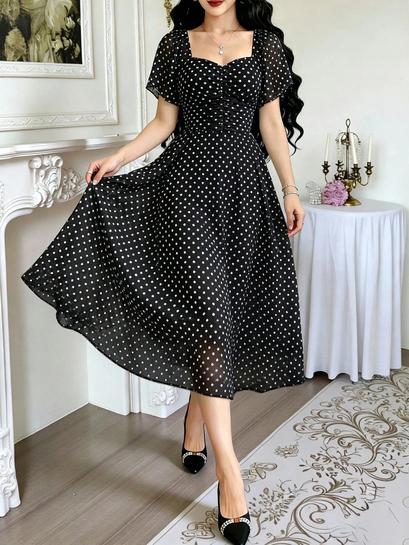 Modelyn Polka Dot Print Fashion Square Neck Pleated Flutter Sleeve Design Women's Minimalist Midi Dress, Summer Waist-Defining Long Elegant Dress, Black Polka Dot Pattern White Chiffon Skirt, Suitable