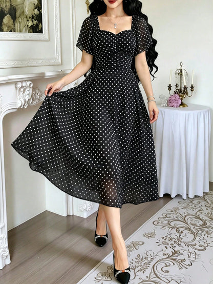 Modelyn Polka Dot Print Fashion Square Neck Pleated Flutter Sleeve Design Women's Minimalist Midi Dress, Summer Waist-Defining Long Elegant Dress, Black Polka Dot Pattern White Chiffon Skirt, Suitable