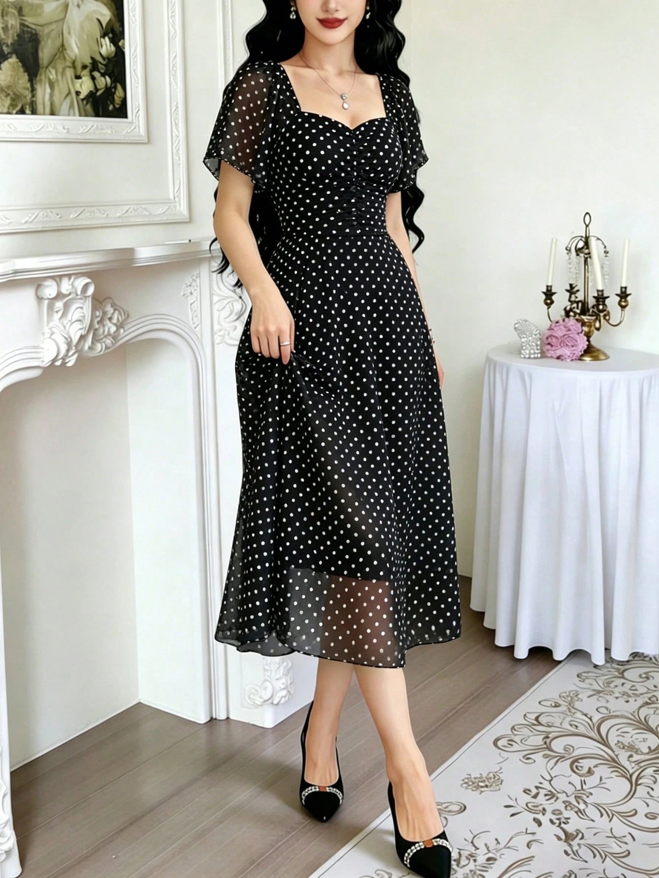 Modelyn Polka Dot Print Fashion Square Neck Pleated Flutter Sleeve Design Women's Minimalist Midi Dress, Summer Waist-Defining Long Elegant Dress, Black Polka Dot Pattern White Chiffon Skirt, Suitable