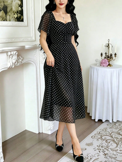Modelyn Polka Dot Print Fashion Square Neck Pleated Flutter Sleeve Design Women's Minimalist Midi Dress, Summer Waist-Defining Long Elegant Dress, Black Polka Dot Pattern White Chiffon Skirt, Suitable
