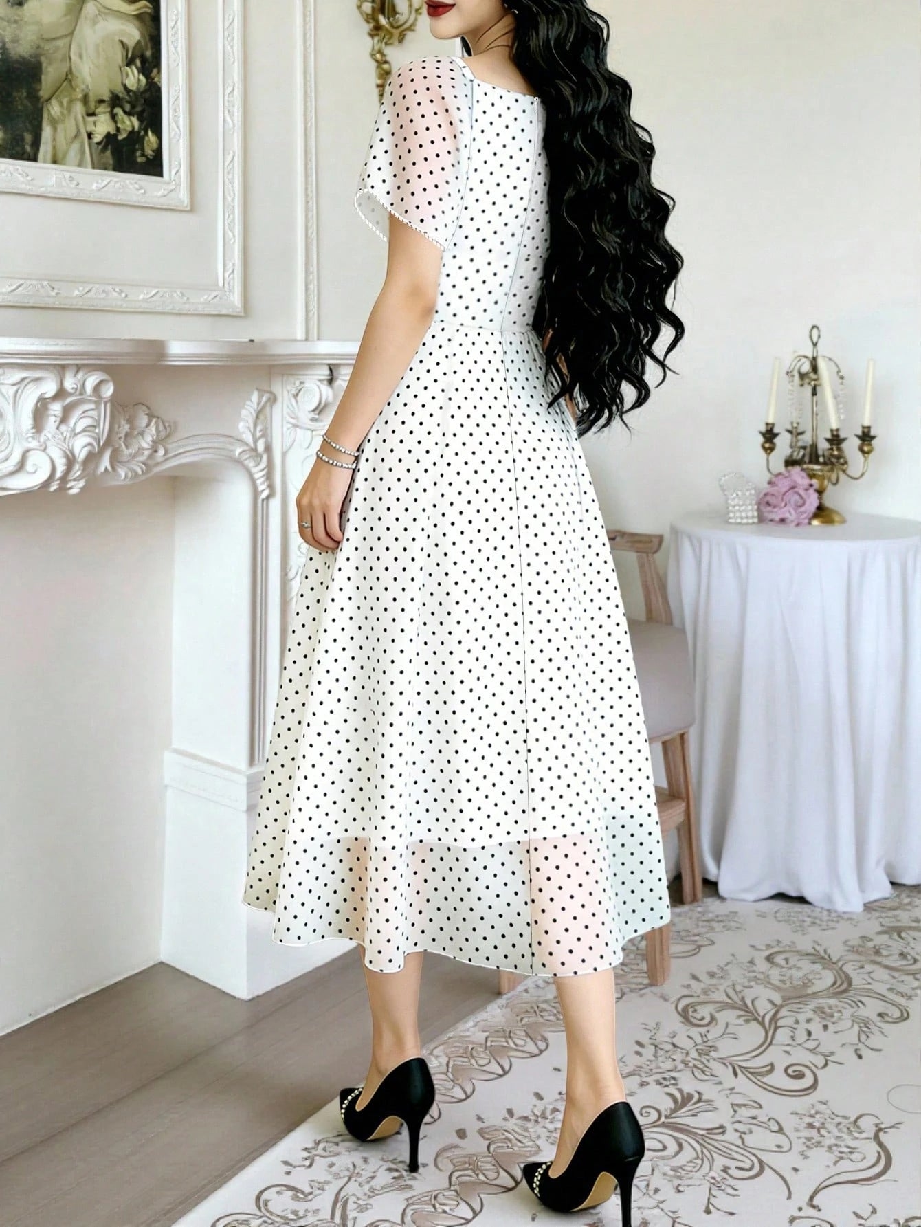 Modelyn Polka Dot Print Fashion Square Neck Pleated Flutter Sleeve Design Women's Minimalist Midi Dress, Summer Waist-Defining Long Elegant Dress, Black Polka Dot Pattern White Chiffon Skirt, Suitable