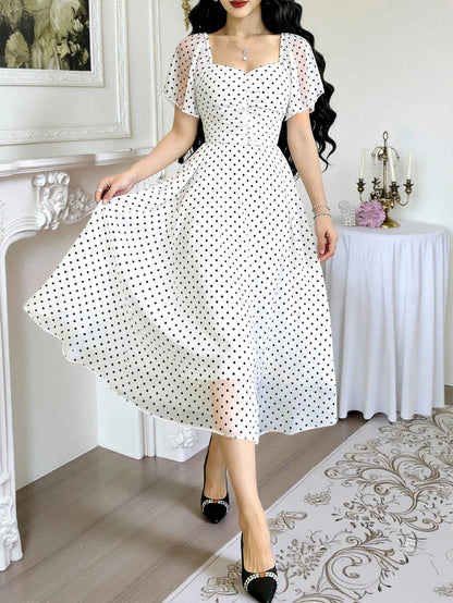 Modelyn Polka Dot Print Fashion Square Neck Pleated Flutter Sleeve Design Women's Minimalist Midi Dress, Summer Waist-Defining Long Elegant Dress, Black Polka Dot Pattern White Chiffon Skirt, Suitable