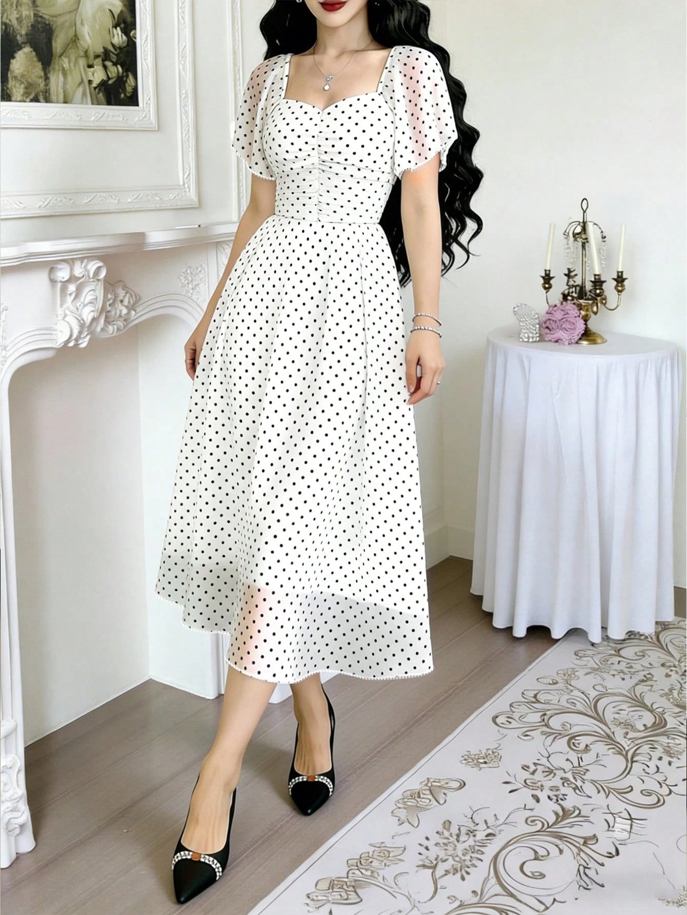 Modelyn Polka Dot Print Fashion Square Neck Pleated Flutter Sleeve Design Women's Minimalist Midi Dress, Summer Waist-Defining Long Elegant Dress, Black Polka Dot Pattern White Chiffon Skirt, Suitable