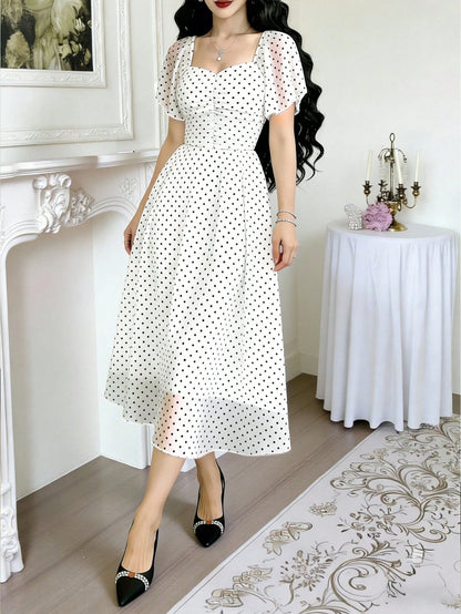 Modelyn Polka Dot Print Fashion Square Neck Pleated Flutter Sleeve Design Women's Minimalist Midi Dress, Summer Waist-Defining Long Elegant Dress, Black Polka Dot Pattern White Chiffon Skirt, Suitable