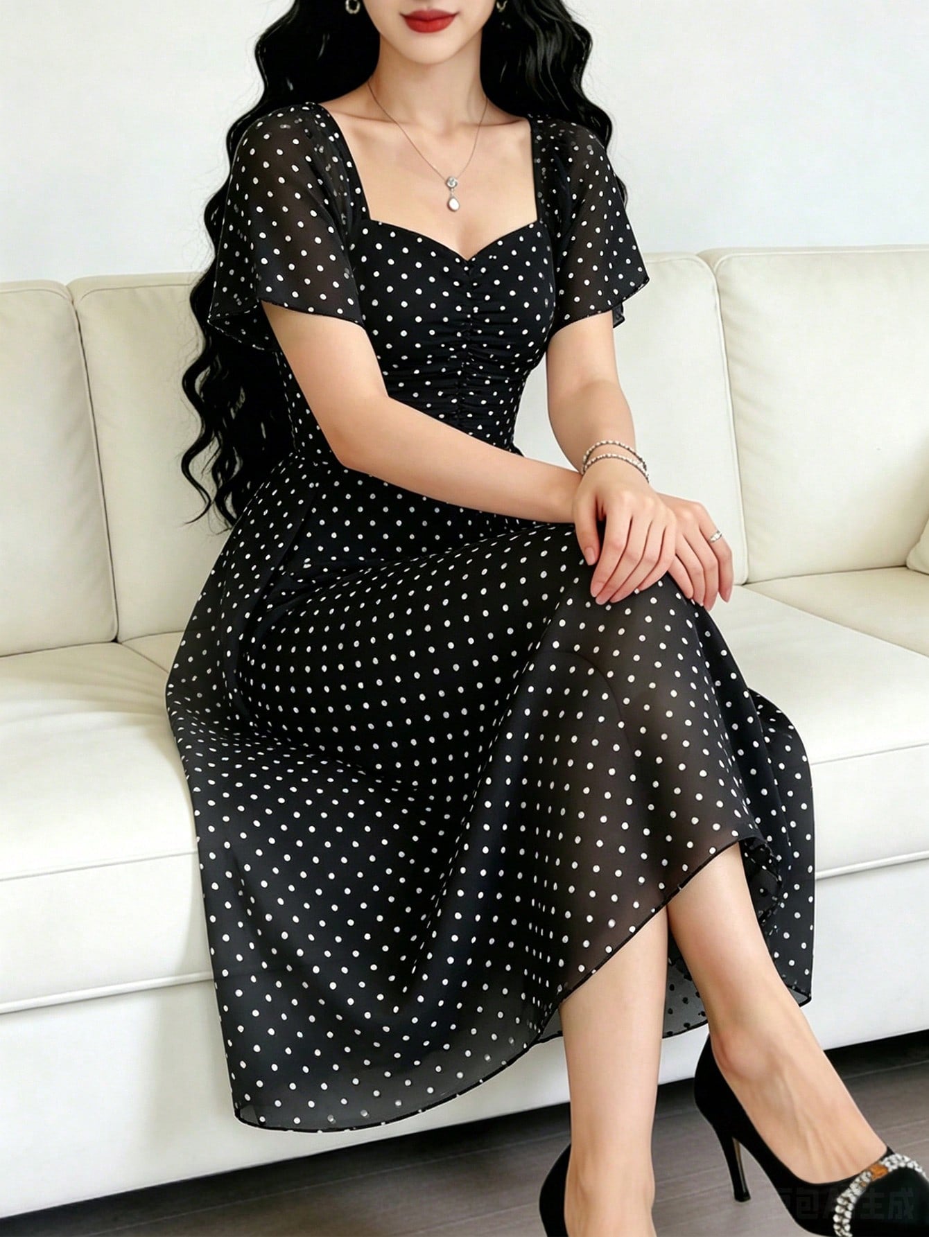 Modelyn Polka Dot Print Fashion Square Neck Pleated Flutter Sleeve Design Women's Minimalist Midi Dress, Summer Waist-Defining Long Elegant Dress, Black Polka Dot Pattern White Chiffon Skirt, Suitable