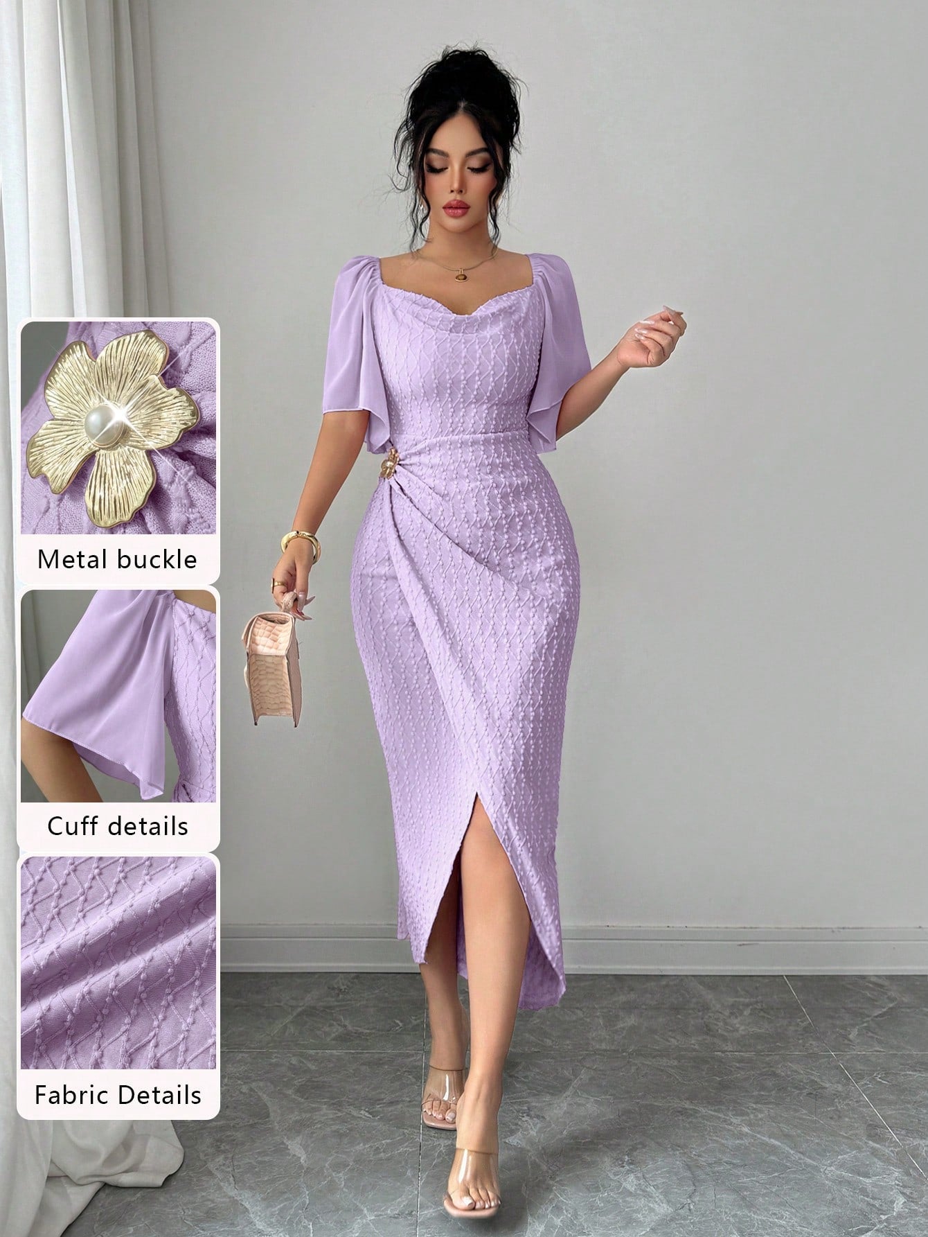 Modelyn Women's Metal Buckle Color Block Ruffle Collar Petal Sleeve Fitted Elegant Dress, Spring/Summer