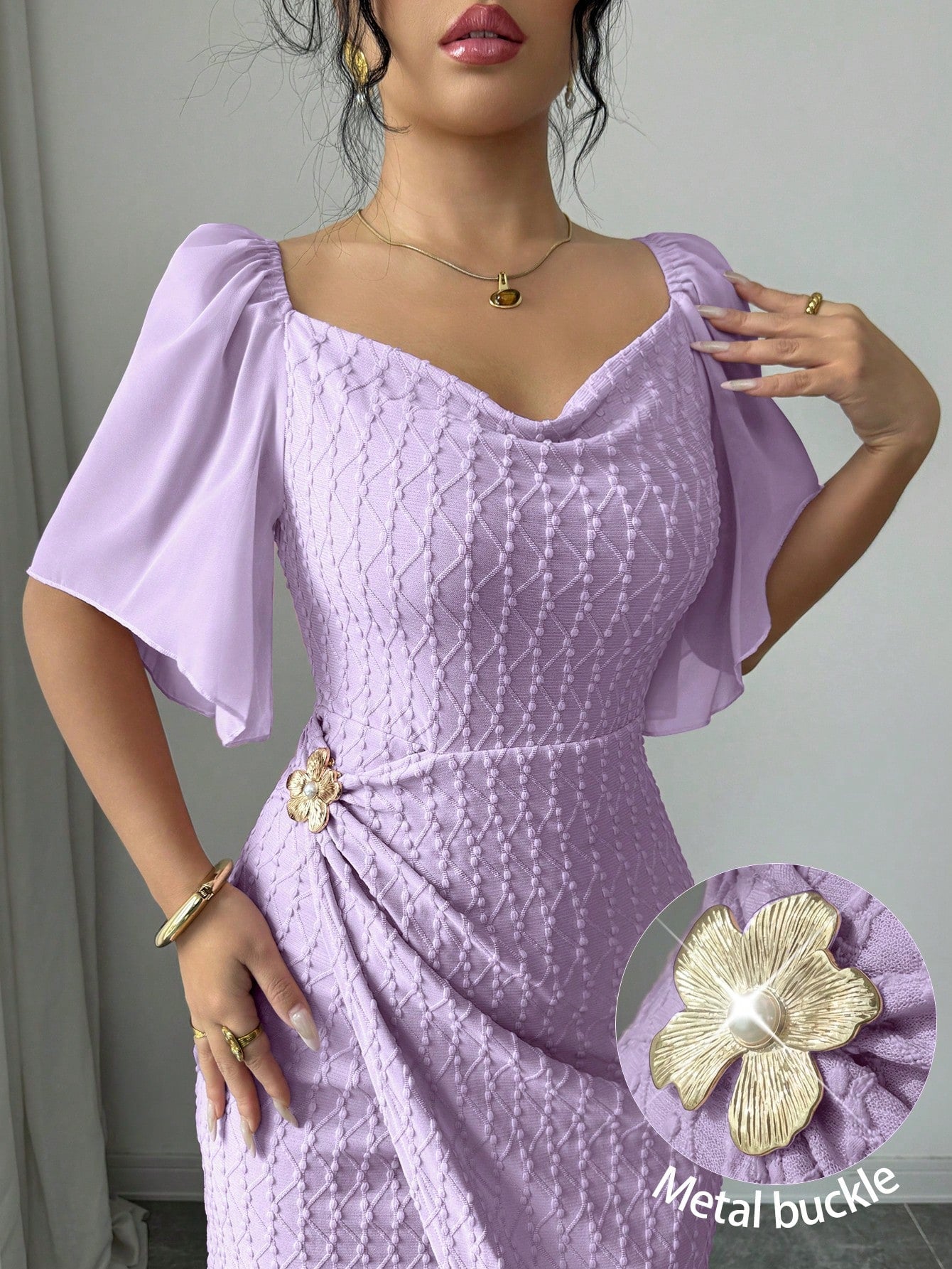 Modelyn Women's Metal Buckle Color Block Ruffle Collar Petal Sleeve Fitted Elegant Dress, Spring/Summer