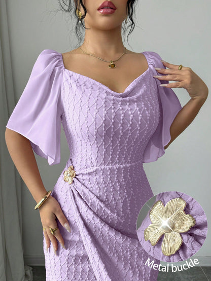 Modelyn Women's Metal Buckle Color Block Ruffle Collar Petal Sleeve Fitted Elegant Dress, Spring/Summer