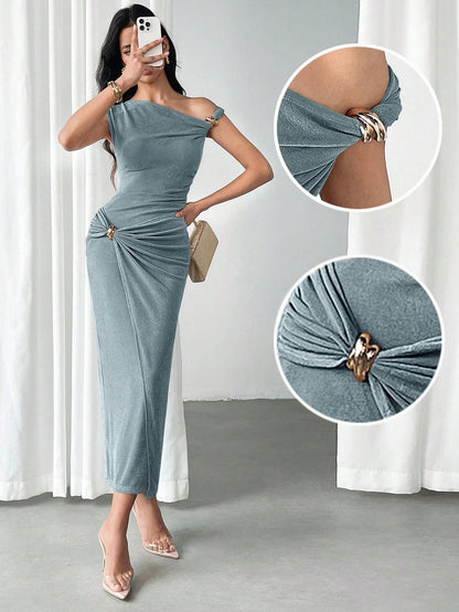 Modelyn Women's Metal Buckle Decor Slim Fit Dress Dusty Blue Maxi Dress Bodycon Dress Stretchy Dress,Wedding Guest Dress
