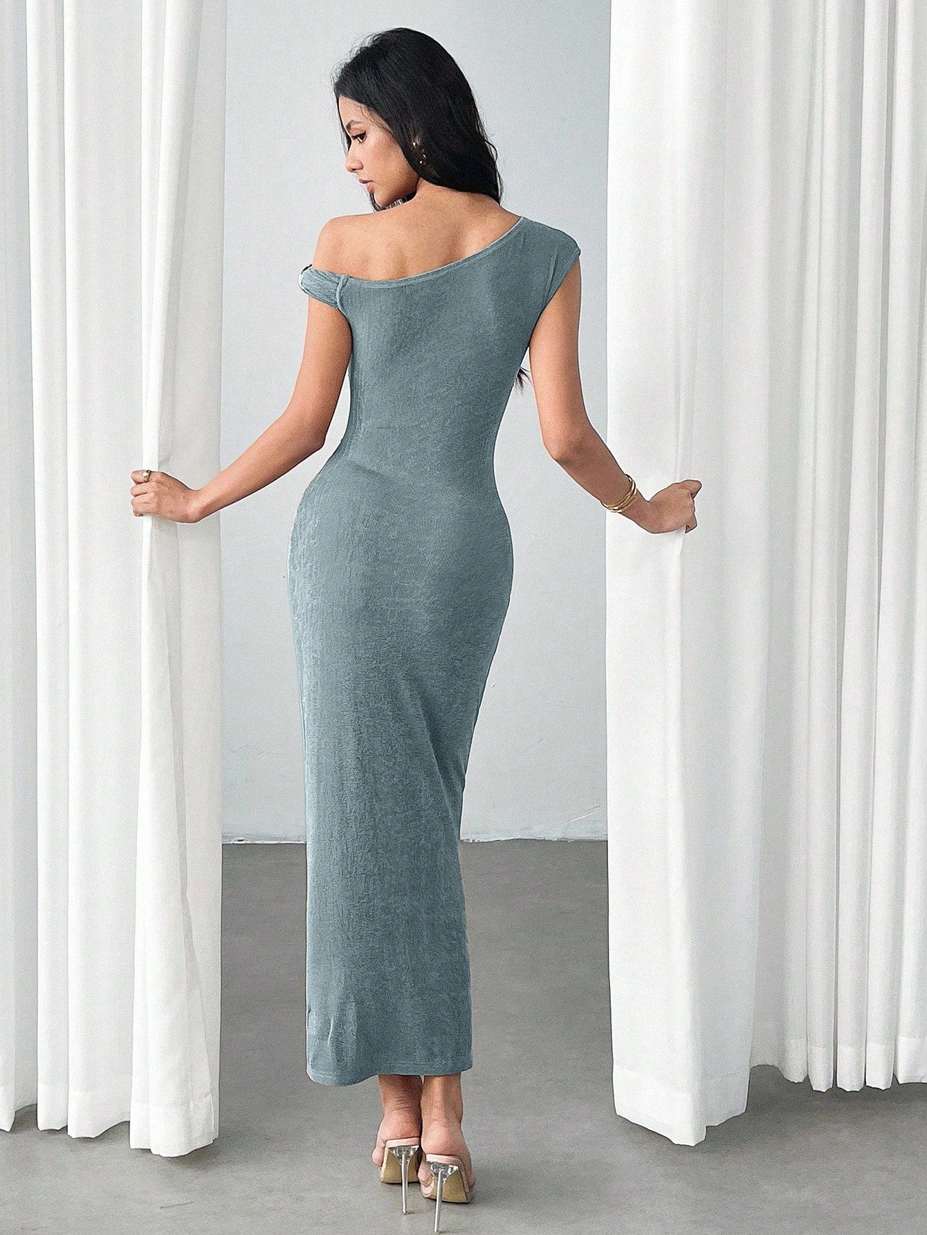 Modelyn Women's Metal Buckle Decor Slim Fit Dress Dusty Blue Maxi Dress Bodycon Dress Stretchy Dress,Wedding Guest Dress