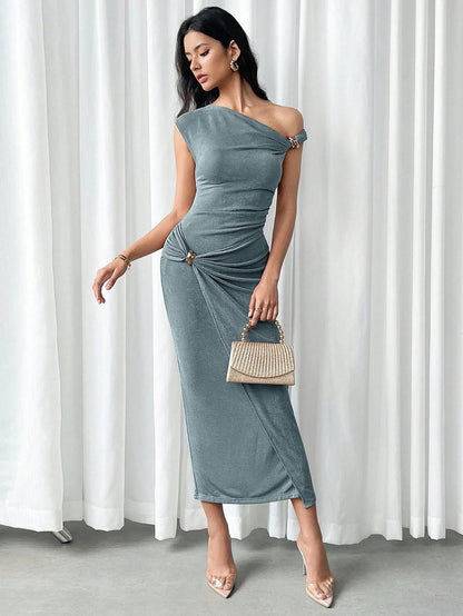 Modelyn Women's Metal Buckle Decor Slim Fit Dress Dusty Blue Maxi Dress Bodycon Dress Stretchy Dress,Wedding Guest Dress