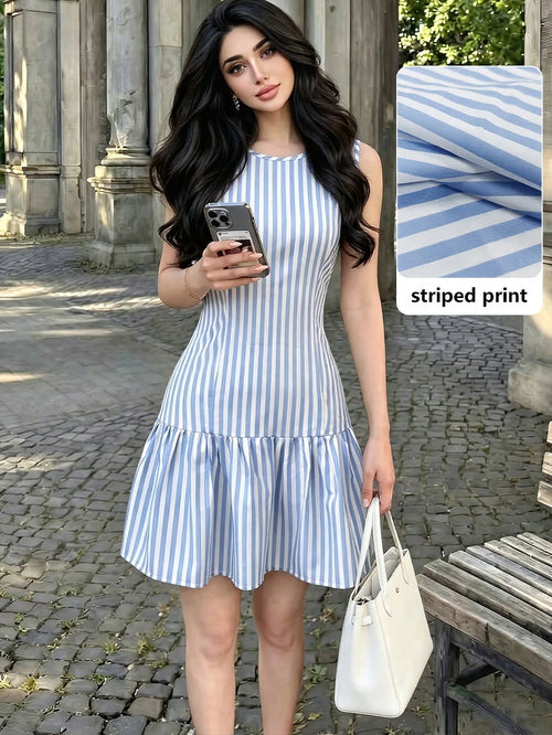 Modelyn Women's Skirt Woven Blue And White Striped Patchwork Vest-Style Coastal Chic Vacation Charm French Skirt Dress Beach Summer