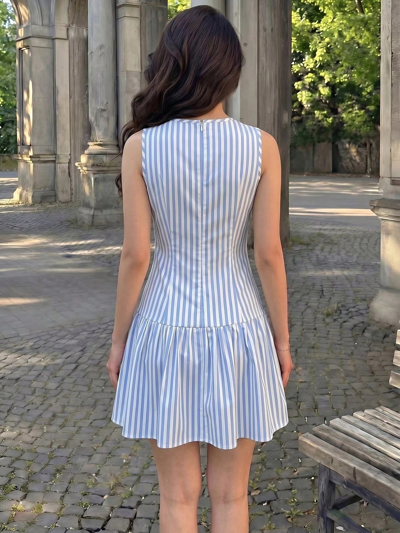Modelyn Women's Skirt Woven Blue And White Striped Patchwork Vest-Style Coastal Chic Vacation Charm French Skirt Dress Beach Summer