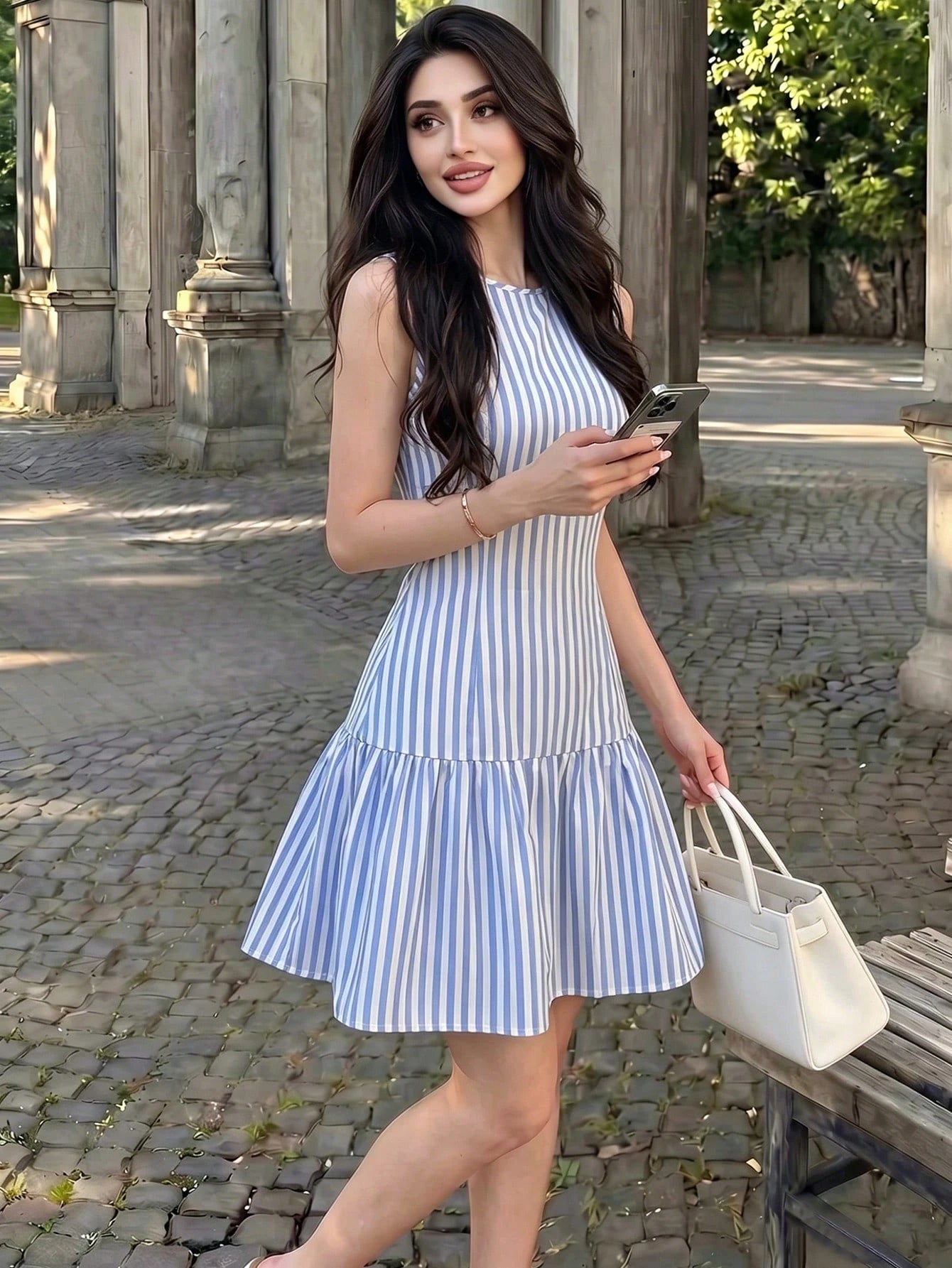 Modelyn Women's Skirt Woven Blue And White Striped Patchwork Vest-Style Coastal Chic Vacation Charm French Skirt Dress Beach Summer