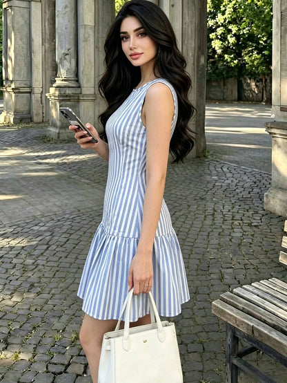 Modelyn Women's Skirt Woven Blue And White Striped Patchwork Vest-Style Coastal Chic Vacation Charm French Skirt Dress Beach Summer