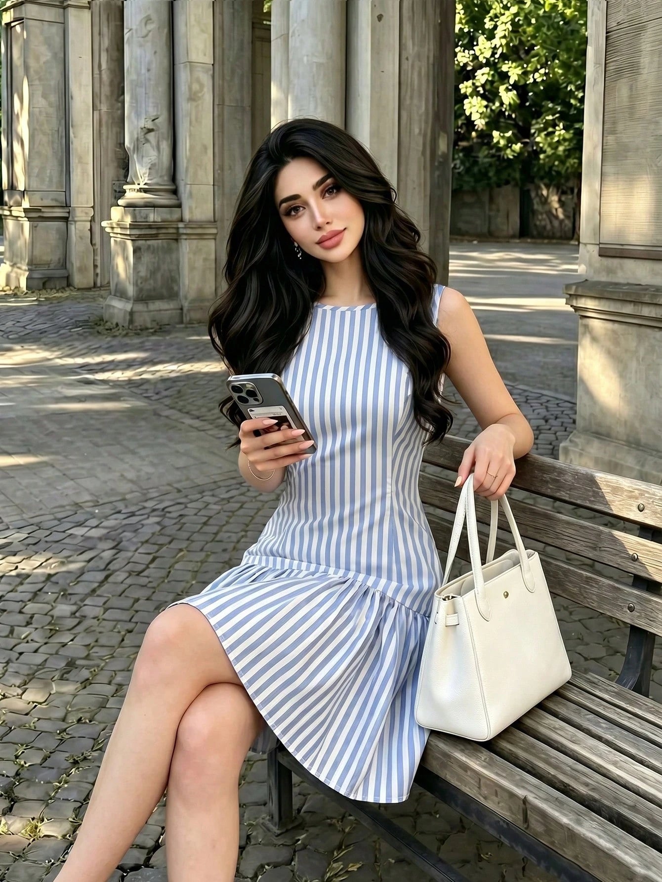 Modelyn Women's Skirt Woven Blue And White Striped Patchwork Vest-Style Coastal Chic Vacation Charm French Skirt Dress Beach Summer