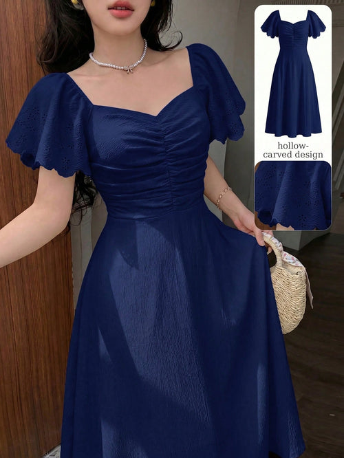 Modelyn Women's Spring/Summer Yellow Woven Short Sleeve Cinched Waist A-Line Burnout Pleated Elegant Romantic Midi Dress