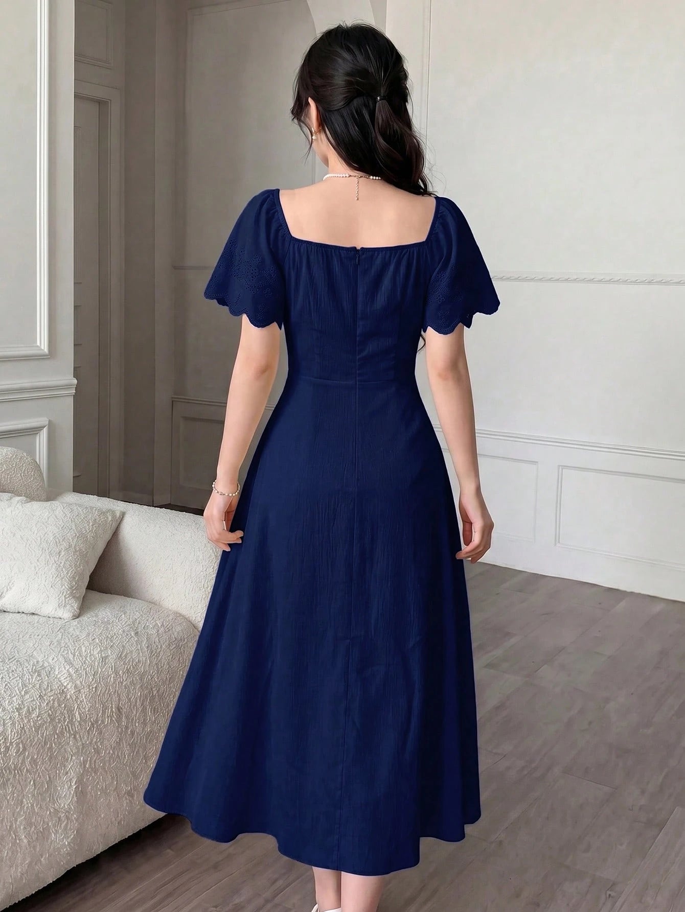 Modelyn Women's Spring/Summer Yellow Woven Short Sleeve Cinched Waist A-Line Burnout Pleated Elegant Romantic Midi Dress