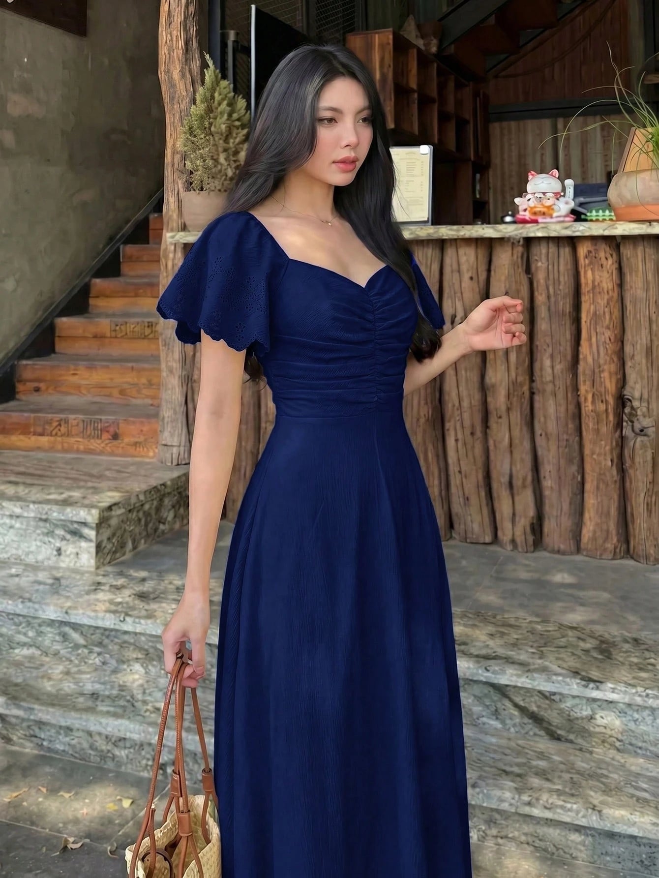 Modelyn Women's Spring/Summer Yellow Woven Short Sleeve Cinched Waist A-Line Burnout Pleated Elegant Romantic Midi Dress