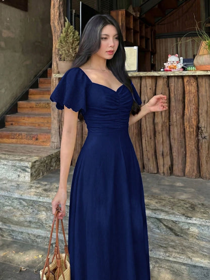 Modelyn Women's Spring/Summer Yellow Woven Short Sleeve Cinched Waist A-Line Burnout Pleated Elegant Romantic Midi Dress