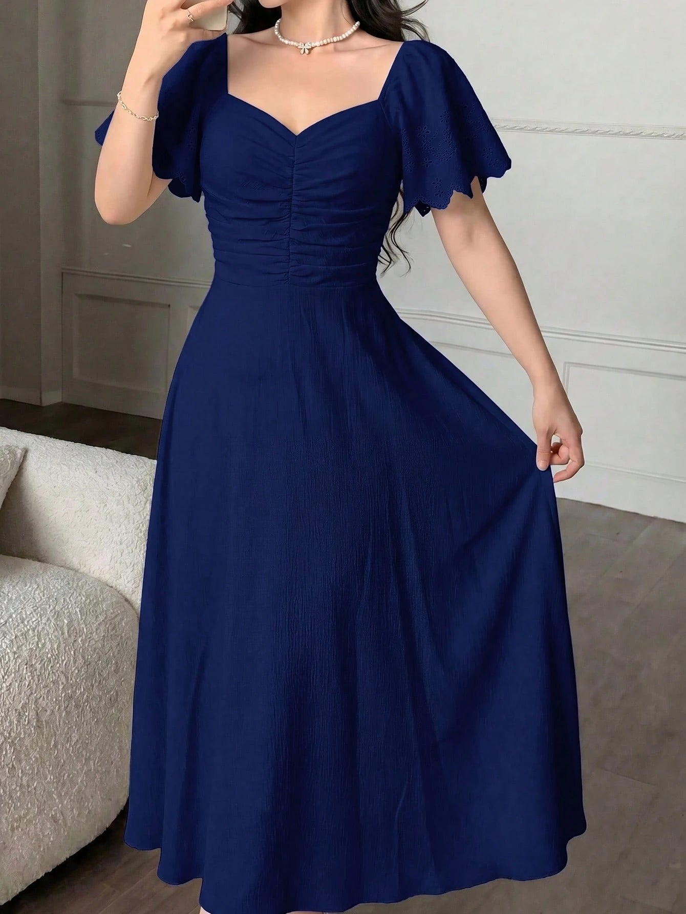 Modelyn Women's Spring/Summer Yellow Woven Short Sleeve Cinched Waist A-Line Burnout Pleated Elegant Romantic Midi Dress