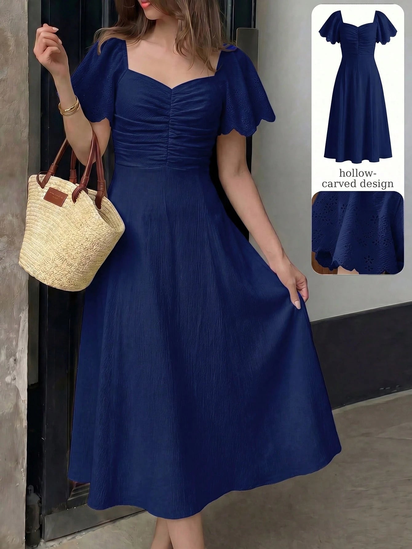 Modelyn Women's Spring/Summer Yellow Woven Short Sleeve Cinched Waist A-Line Burnout Pleated Elegant Romantic Midi Dress