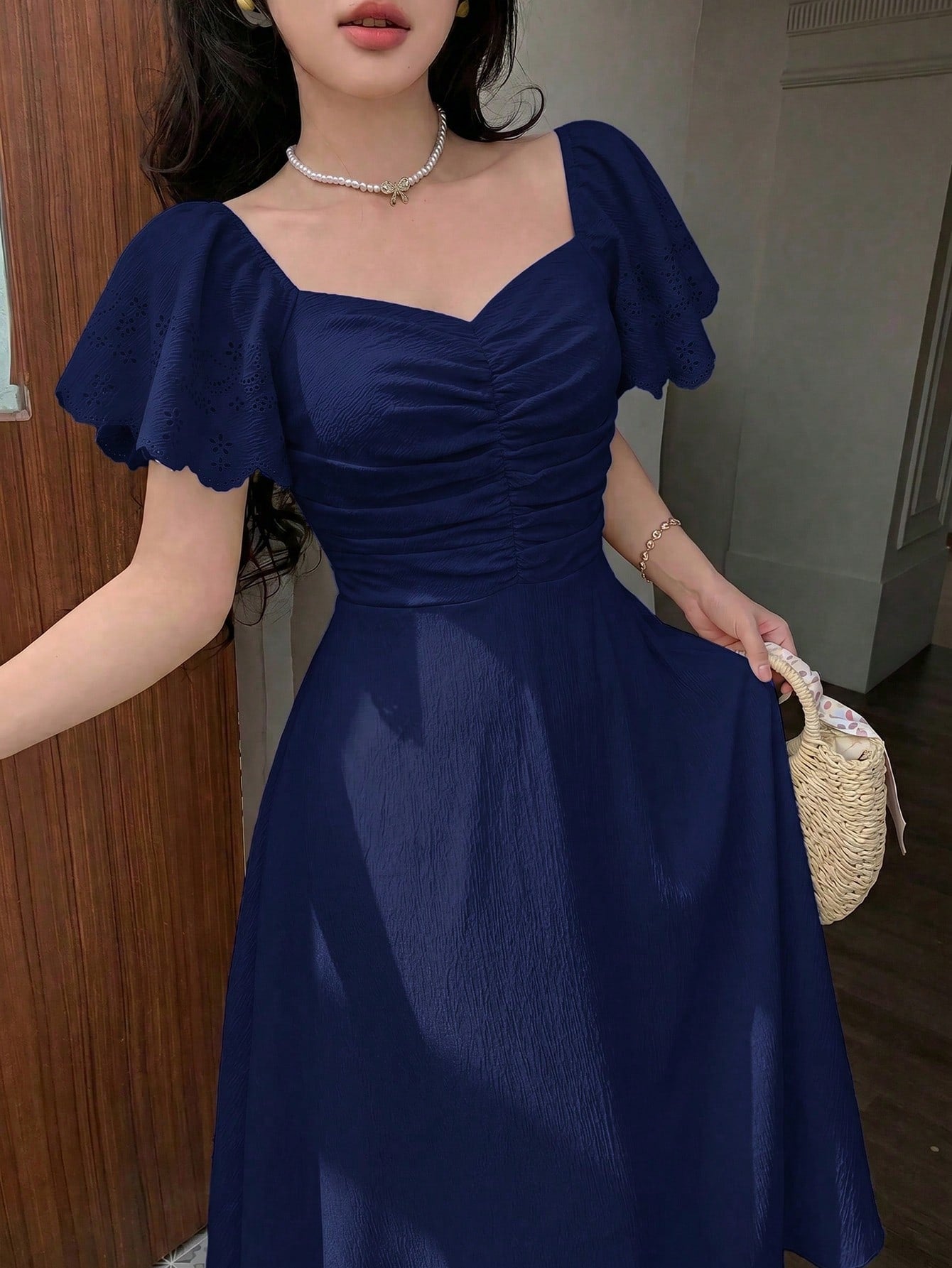 Modelyn Women's Spring/Summer Yellow Woven Short Sleeve Cinched Waist A-Line Burnout Pleated Elegant Romantic Midi Dress