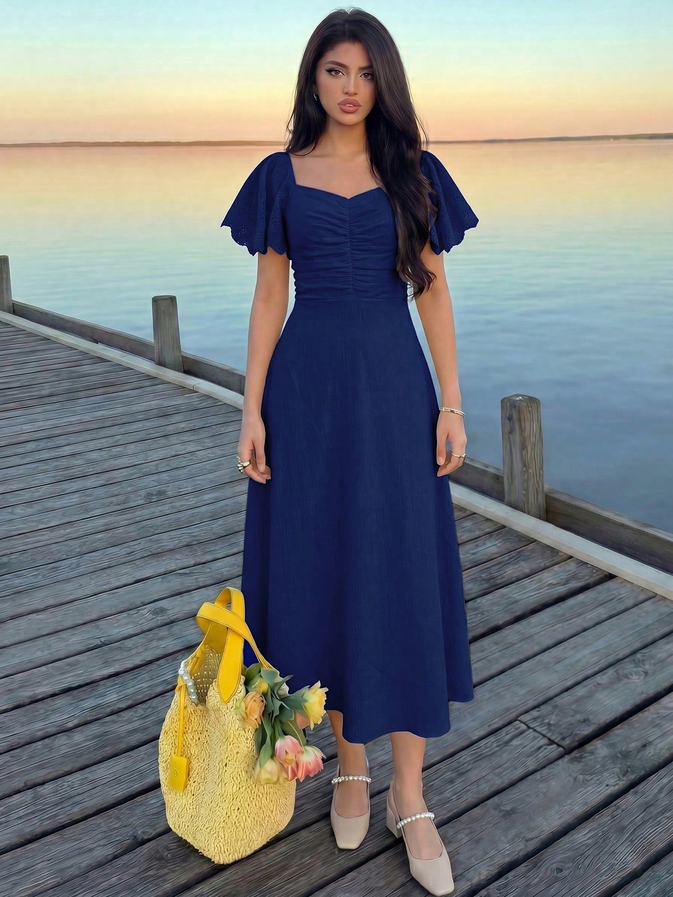 Modelyn Women's Spring/Summer Yellow Woven Short Sleeve Cinched Waist A-Line Burnout Pleated Elegant Romantic Midi Dress