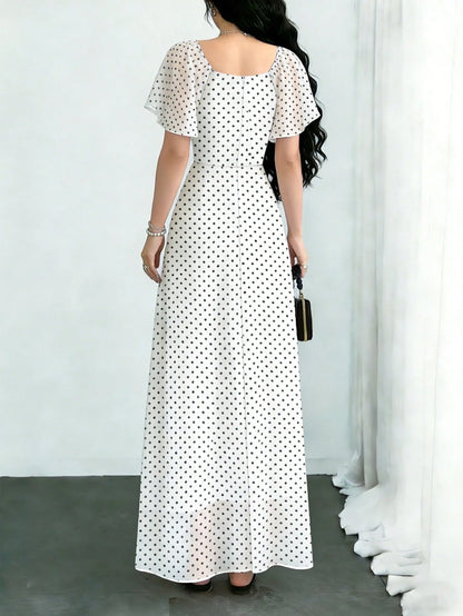Modelyn Women's White With Black Polka Dots Square Neck Cap Sleeve Maxi Dress,Summer Elegant Waist-Cinched Minimalist Long Dress For Vacation,Date&Daily