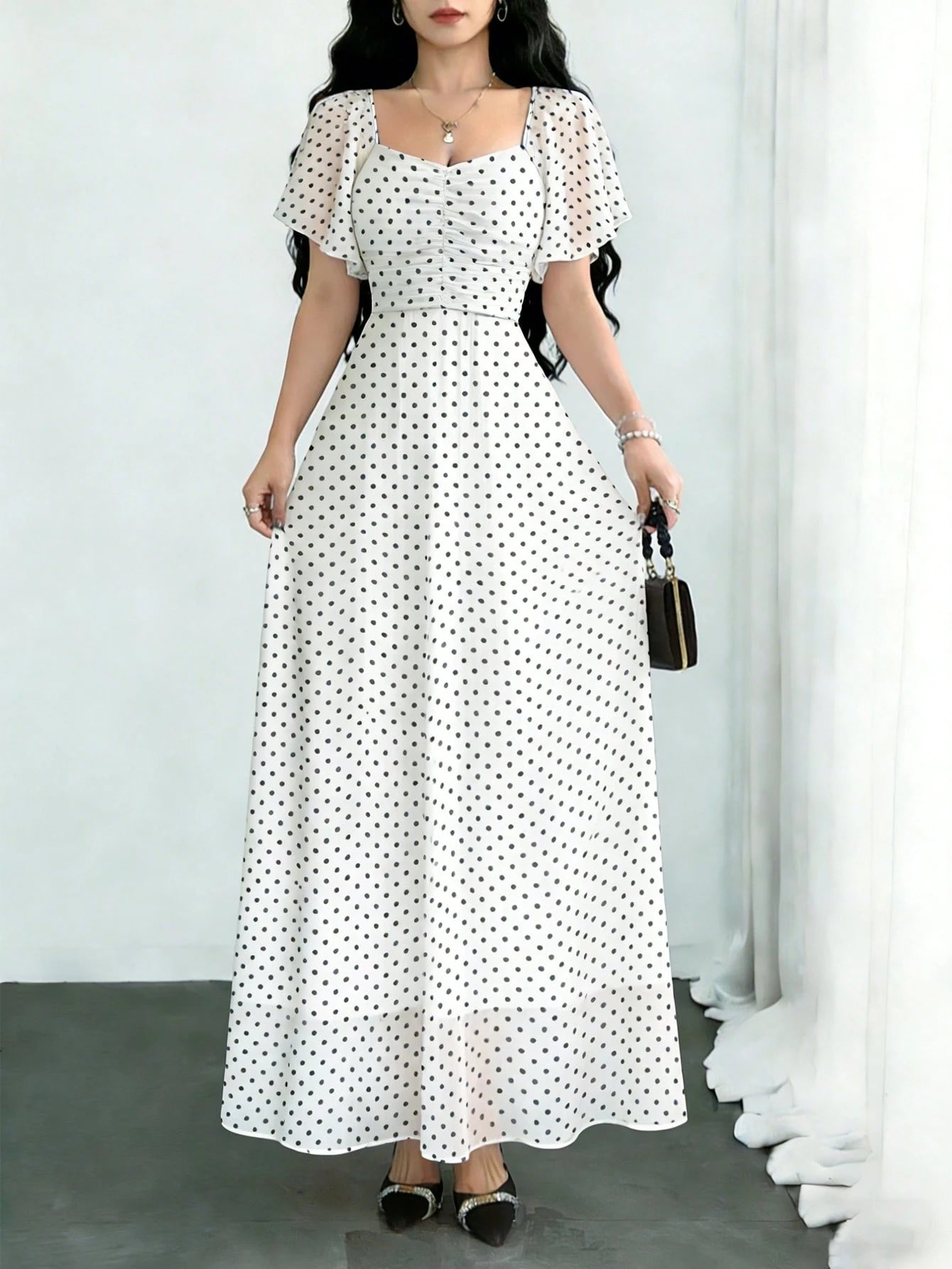 Modelyn Women's White With Black Polka Dots Square Neck Cap Sleeve Maxi Dress,Summer Elegant Waist-Cinched Minimalist Long Dress For Vacation,Date&Daily