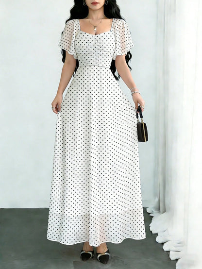 Modelyn Women's White With Black Polka Dots Square Neck Cap Sleeve Maxi Dress,Summer Elegant Waist-Cinched Minimalist Long Dress For Vacation,Date&Daily